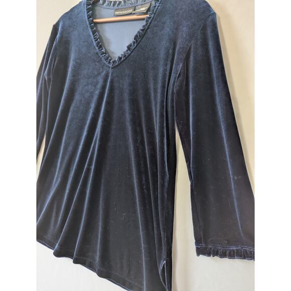 Impressions Y2K Whimsigoth Velvet Blue Jewel Tone Ruffle Trim V Neck Top Size S‎ - Picture 2 of 8